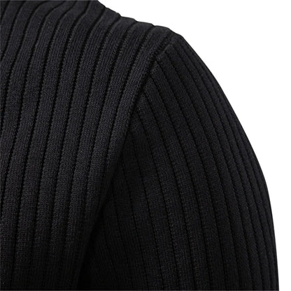 Men's Ribbed Stripe Polo Shirt - Long Sleeve Button Placket Premium Business Casual Top