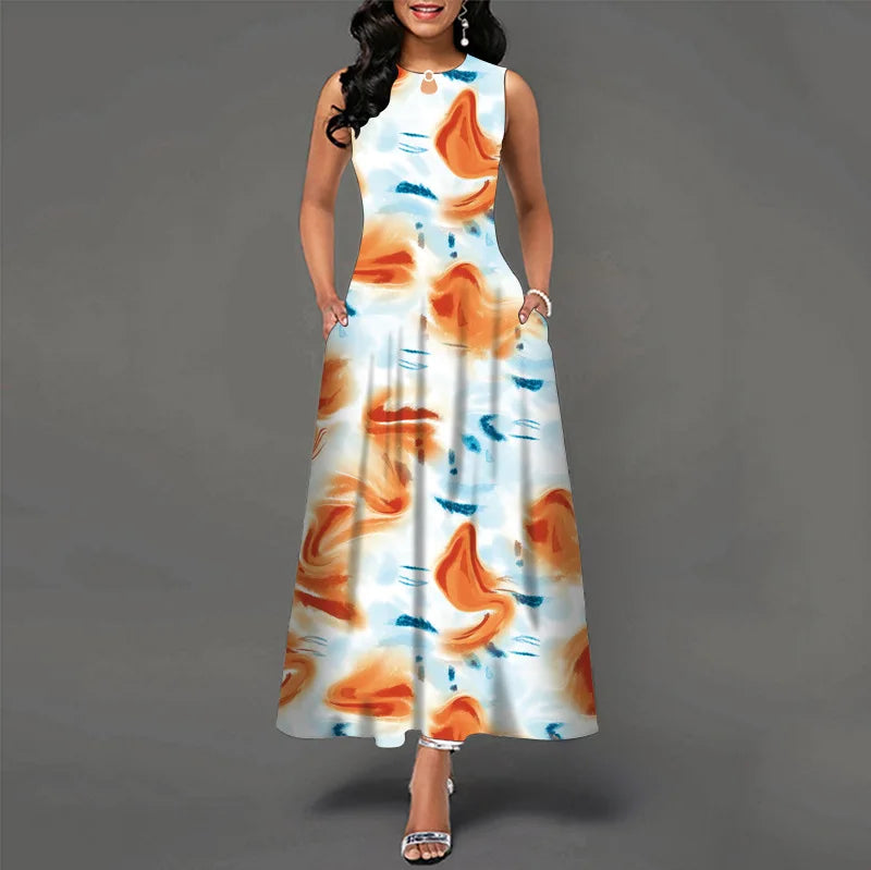 Women’s Loose Floral Vintage Maxi Dress – Ruffled Hole Summer Camis Big Size Elegant Party Dress