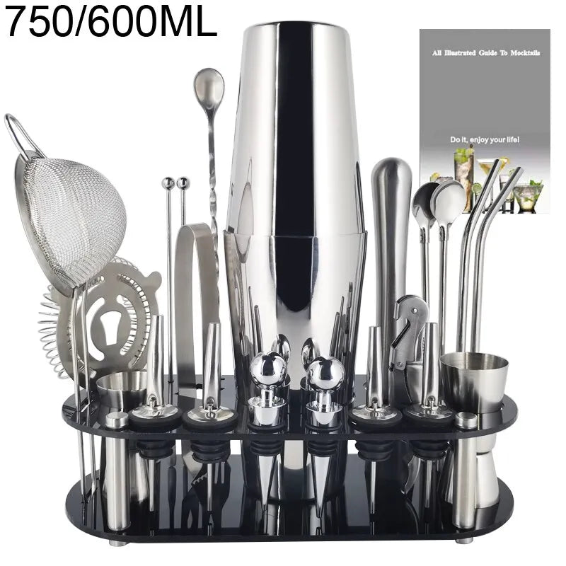 13-22Pcs Boston Cocktail Shaker Set - 750ml & 600ml Bar Tools, Wine Mixer Kit with Holder - Professional Bartender Tool Kit