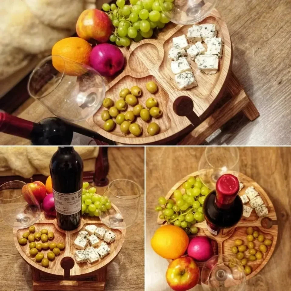 Wooden Folding Picnic Table – Round Foldable Desk with Wine Glass Rack, Portable Snack Table for Outdoor Camp