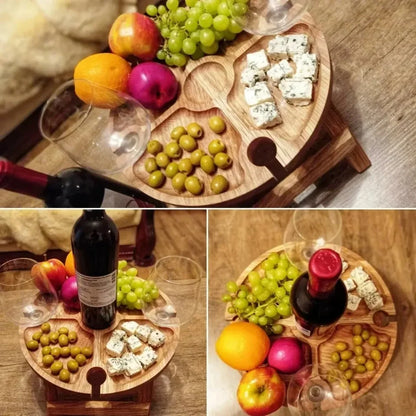 Wooden Folding Picnic Table – Round Foldable Desk with Wine Glass Rack, Portable Snack Table for Outdoor Camp
