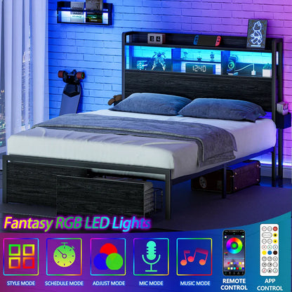 Full/Queen Bed Frame with Storage Headboard – Metal Platform Bed with Drawers, LED Lights & Built-In Charging Station