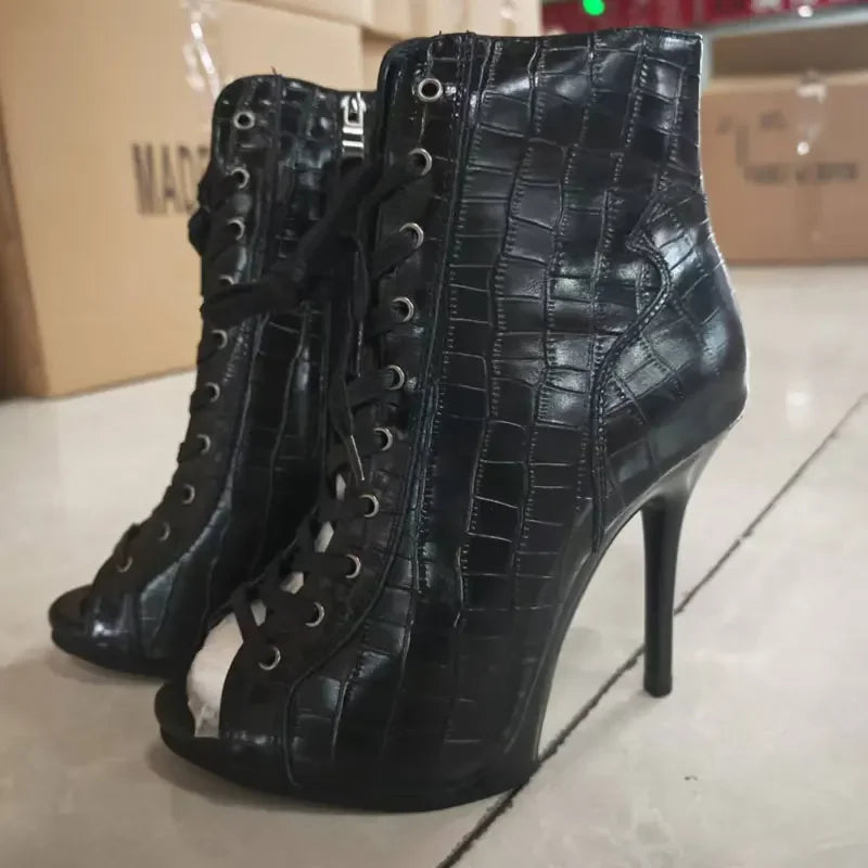 Women’s Genuine Leather Dance Boots - European Style Open Toe Thin High Heel Jazz Dance Shoes