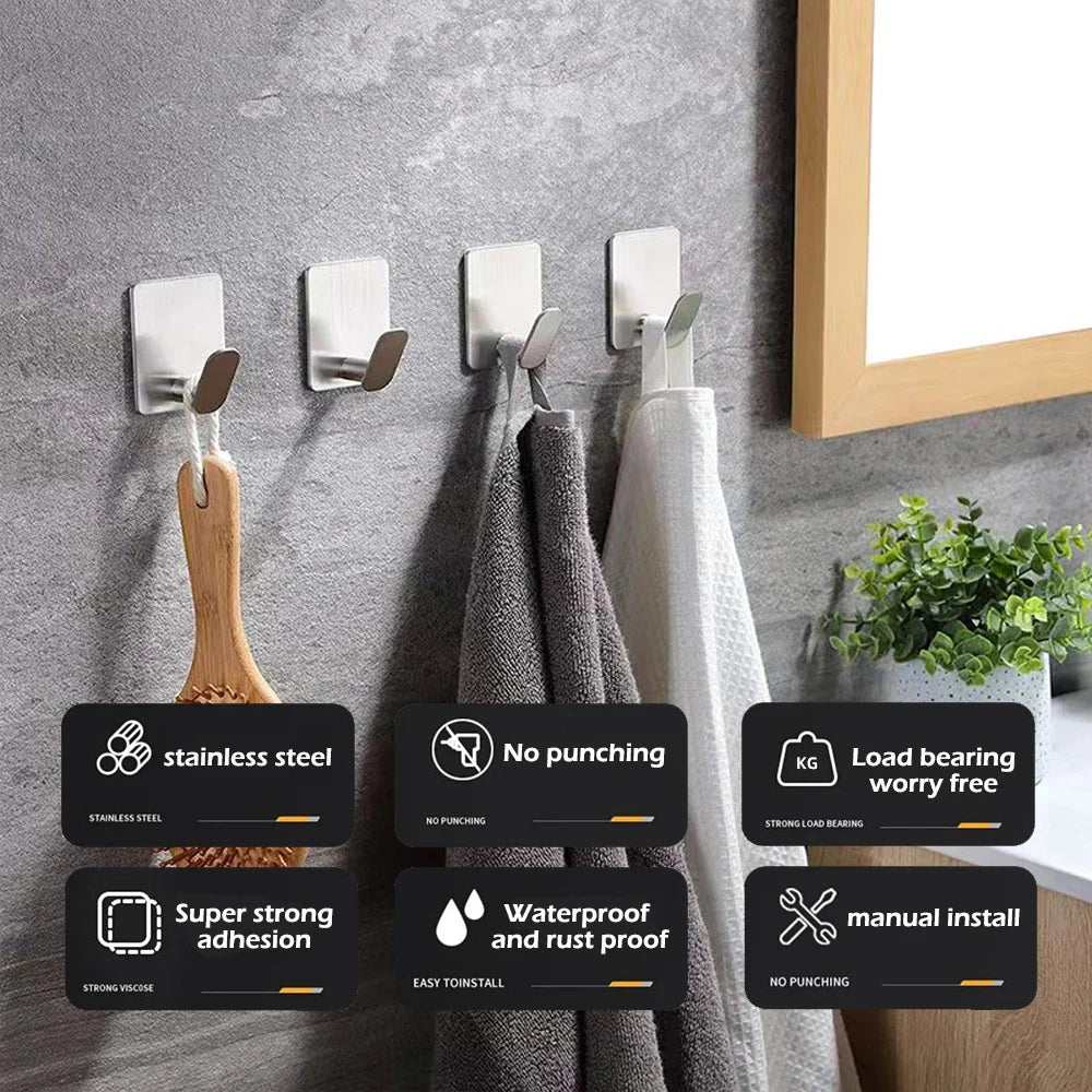 Bathroom Adhesive Wall Hooks - Stainless Steel Multi-Purpose Towel Rack Hooks for Kitchen & Home Storage