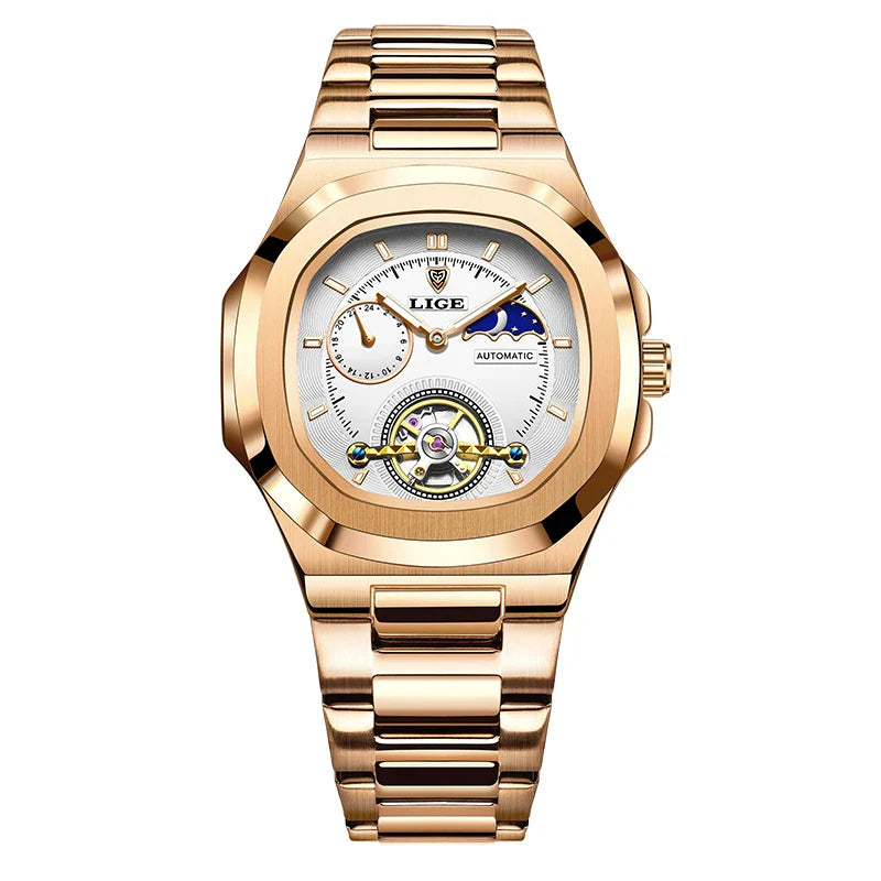 LIGE Dual Seconds Tourbillon Watch – Men's Stainless Steel Mechanical Timepiece, 24H, Night Glow, Waterproof