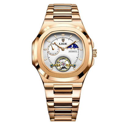 LIGE Dual Seconds Tourbillon Watch – Men's Stainless Steel Mechanical Timepiece, 24H, Night Glow, Waterproof