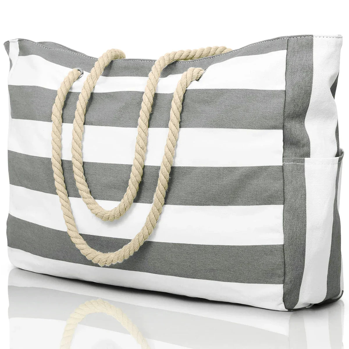 Striped Waterproof Canvas Beach Bag – Zippered Foldable Tote for Outdoor Travel and Vacation, Sand-Resistant Design
