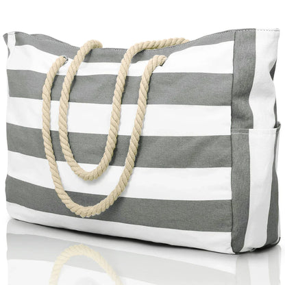 Striped Waterproof Canvas Beach Bag – Zippered Foldable Tote for Outdoor Travel and Vacation, Sand-Resistant Design