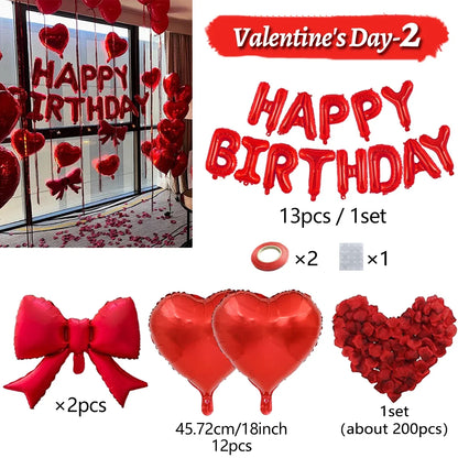 Red Birthday Balloon Set - Heart Foil Balloons with Bow & Simulated Rose Petals for Valentine’s Day Party Decor