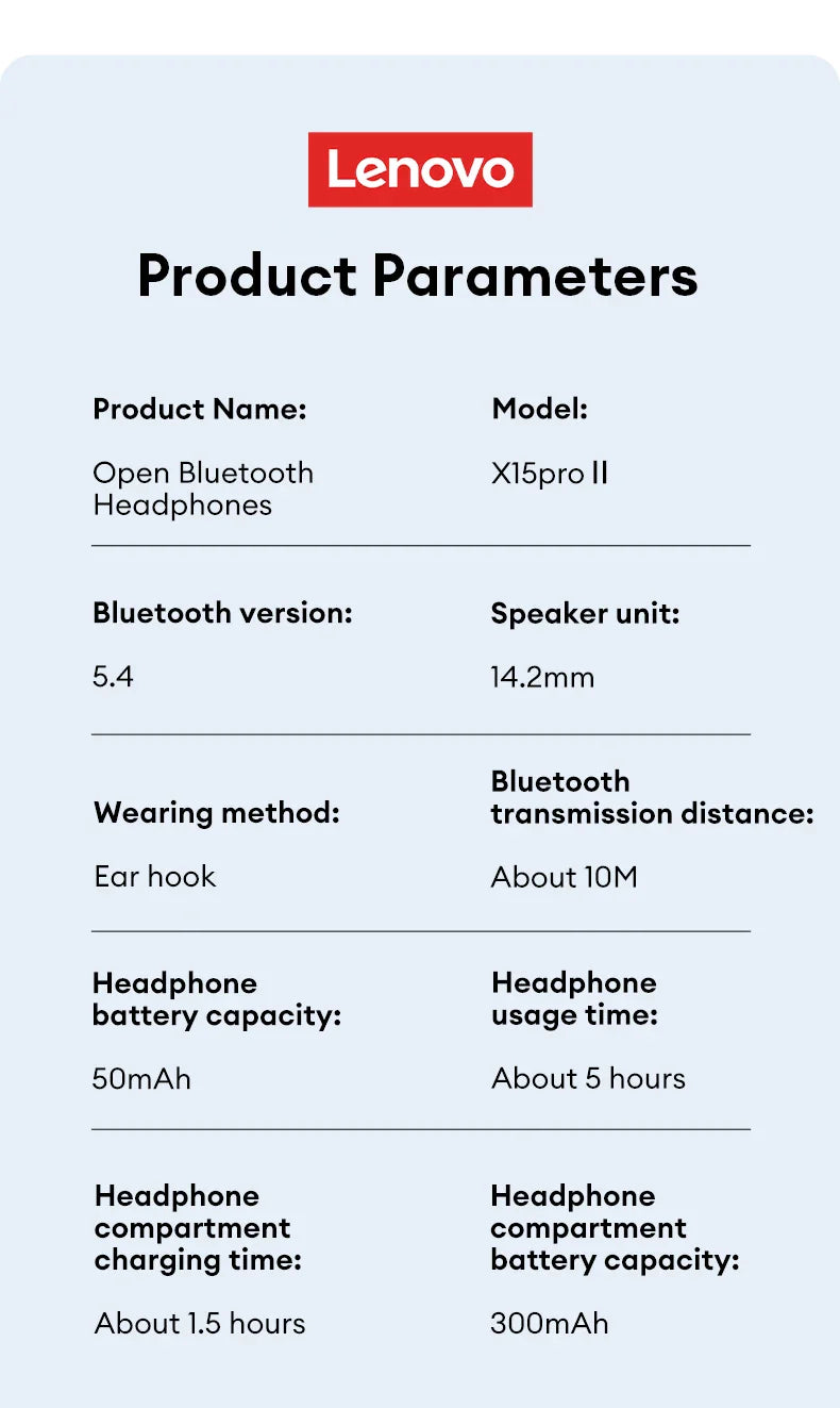 Lenovo X15 PRO Ⅱ OWS Bluetooth 5.4 Earphones – Sport Earbuds with Ear Hook, HD HiFi Surround Sound Headphones