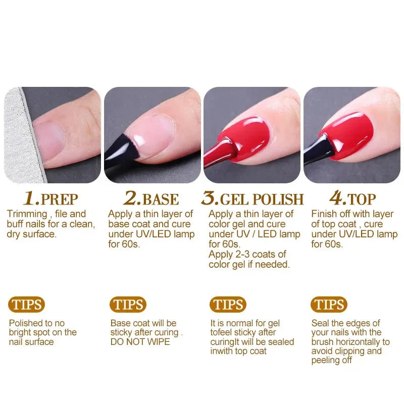 Clou Beaute 15ml Gel Nail Polish Set – Red Black White Green Neon UV Soak-Off Semi-Permanent Nail Varnish Base & Velvet Top Coat