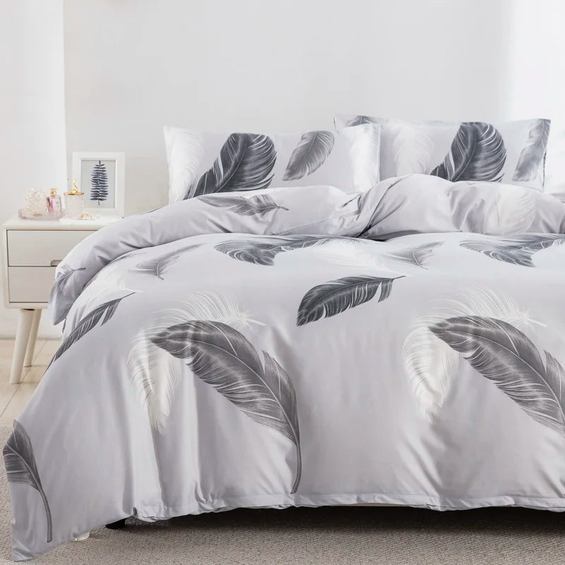 Grey Feather Duvet Cover Set – Full/Queen Boho Bedding with Soft Reversible White Comforter Cover for Kids & Teens