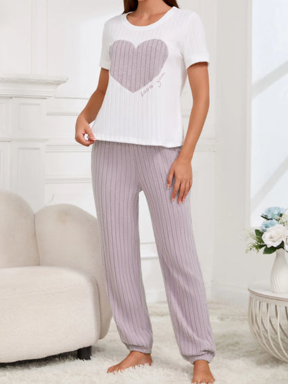 Women’s Heart Print Pajama Set – Short Sleeve Top & Pants Two-Piece Loungewear