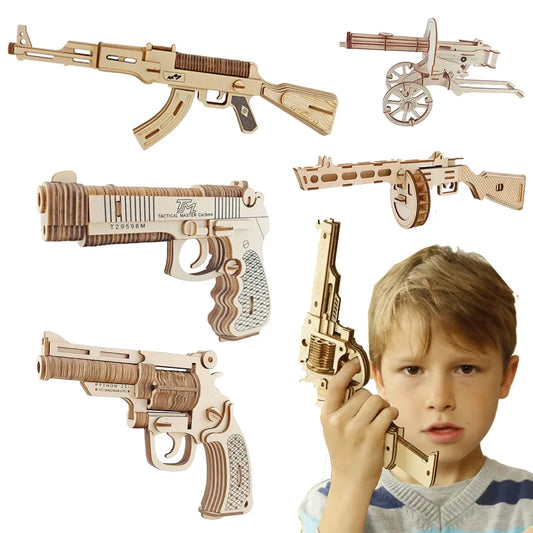 3D Wooden Gun Puzzle - DIY Assembly Pistol Rifle Model Craft Educational Toy for Kids & Adults