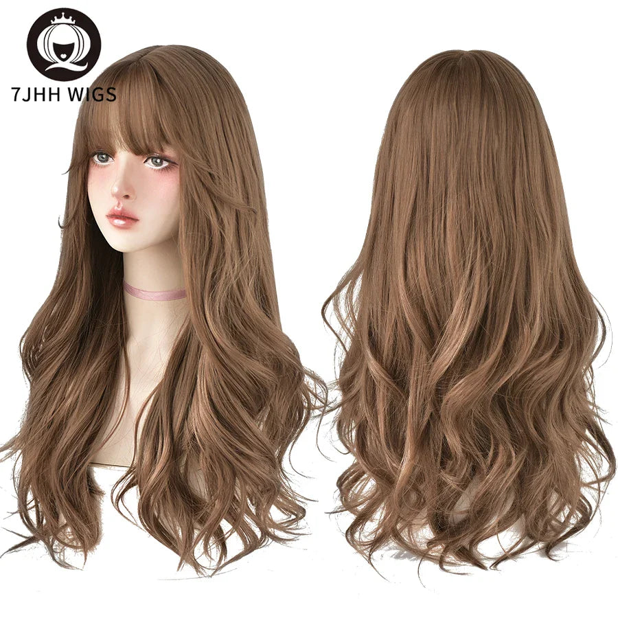 7JHH WIGS Popular Brown Ash Long Deep Wave Hair Lolita Wigs: Synthetic Wig with Bangs, Fashionable Thick Curls for Women & Girls