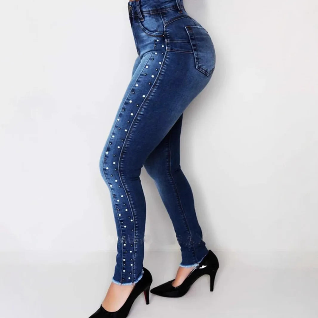 Women’s High Waist Slimming Jeans - Hip Lifting Stretch Pencil Denim Pants with Diamond Bead Fashion Detail