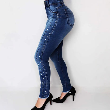Women’s High Waist Slimming Jeans - Hip Lifting Stretch Pencil Denim Pants with Diamond Bead Fashion Detail