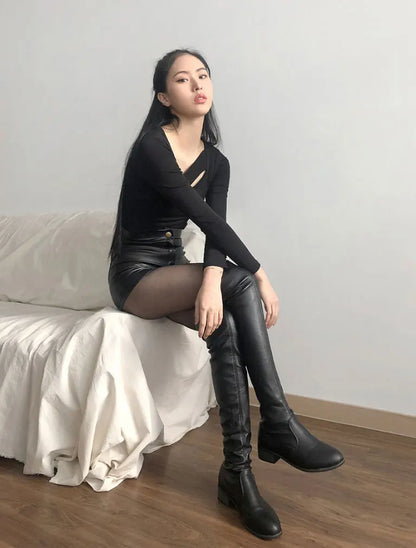 Sexy Black PU High-Waisted Shorts – Faux Leather Y2K Summer Shorts for Women