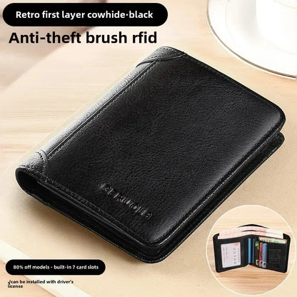 Genuine Leather Men’s RFID Blocking Trifold Wallet – Vintage Thin Short Multi-Function Card Holder ID Window Male Purse Money Wallet