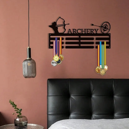 Vintage Archery Medal Display Rack - Gold Black Wall Mounted Award Holder with Custom Hooks
