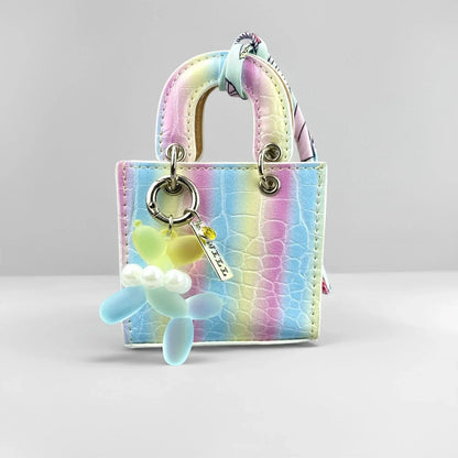 Mini PU Leather Rainbow Bag Charm - Gradient Balloon Dog Keychain Holder for Earbuds, Charger Cable & Gifts