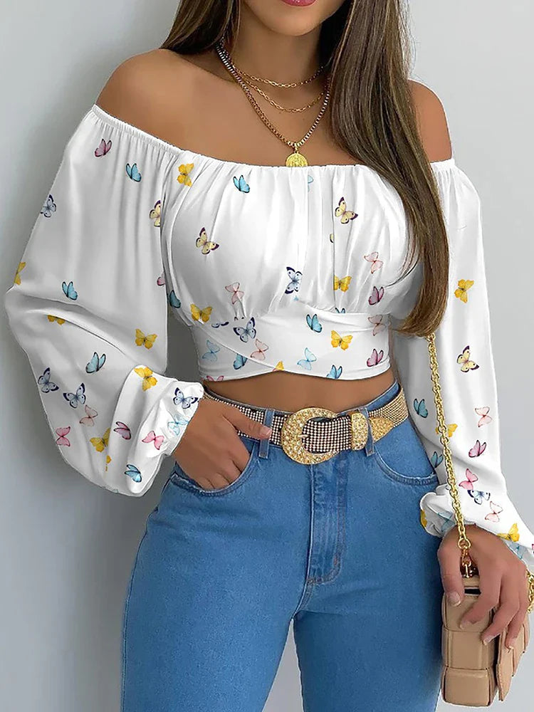 Boho Print Blouse: Women's Elegant Casual Off-Shoulder Slim Shirt - Long Lantern Sleeve Chic Cropped Top for Summer Tunics