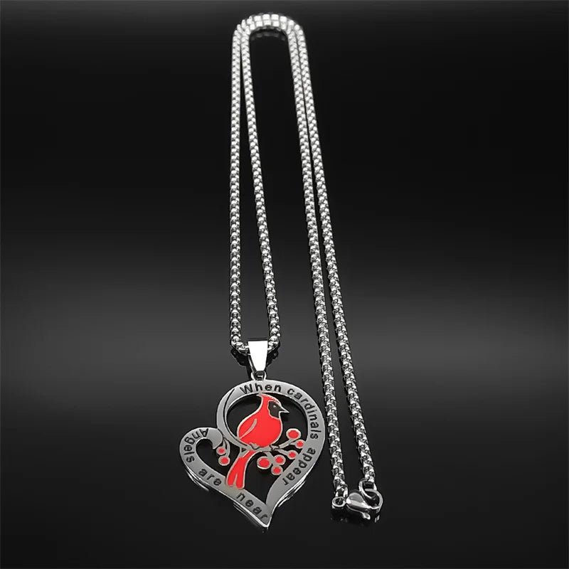 Heart Love Cardinals Pendant Necklace - Stainless Steel Silver Tone Family Amulet Chain Jewelry Gift for Women & Men