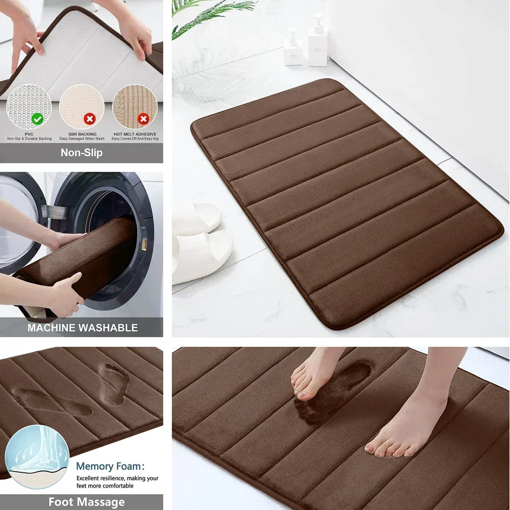 Non-Slip Grey Memory Foam Bath Mat Set – Soft, Water Absorbent, Quick-Drying, Machine Washable Bathroom Rugs for Home Floor