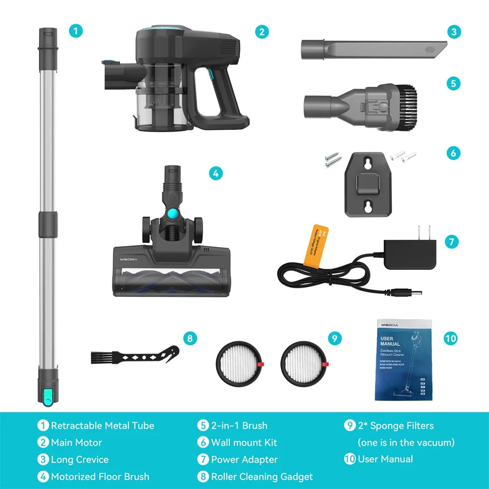 YISORA N300 Cordless Stick Vacuum Cleaner – 20Kpa Suction, Ultra Lightweight for Carpet, Hard Floors, Car & Pet Hair