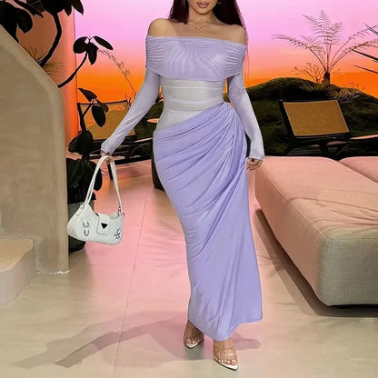 Tuularose Sexy Mesh Hollow Long Dress - One Shoulder Long Sleeve Patchwork Resort Gown for Summer Party & Evening Wear