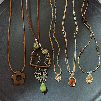 Vintage Natural Stone Pendant Necklace - Brown Geometric Long Leather Rope Chain Jewelry Gift for Women