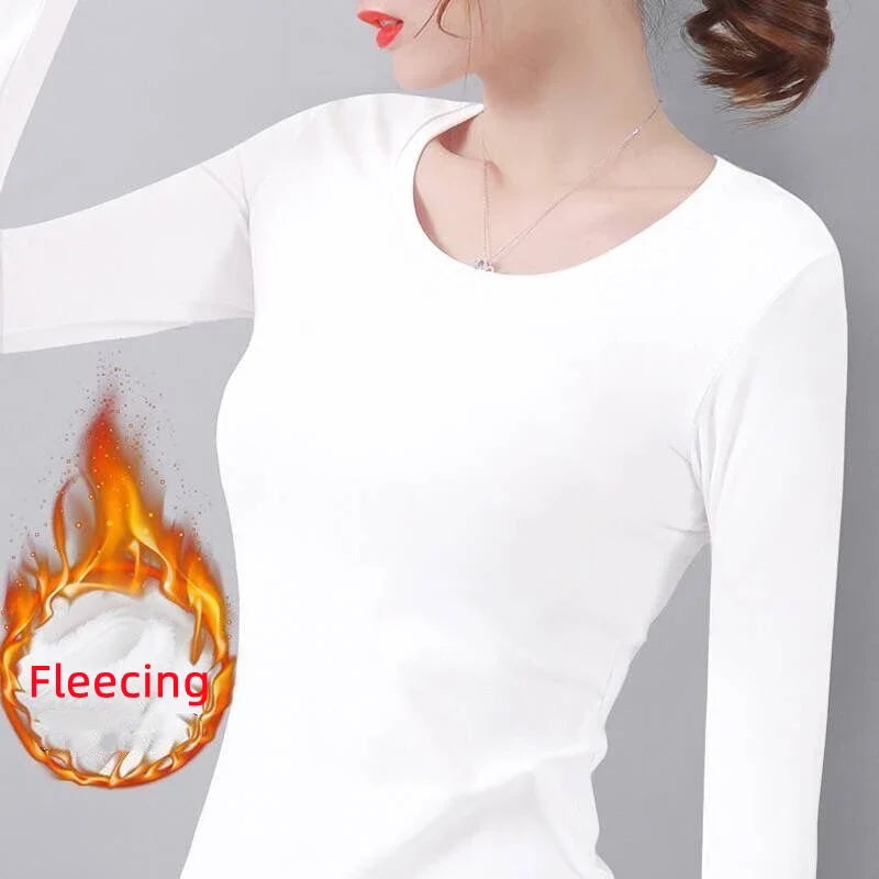 Women’s Thermal Velvet Long Sleeve Shirt - O Neck Slim Fit Cropped Bottoming Top for Winter Warmth