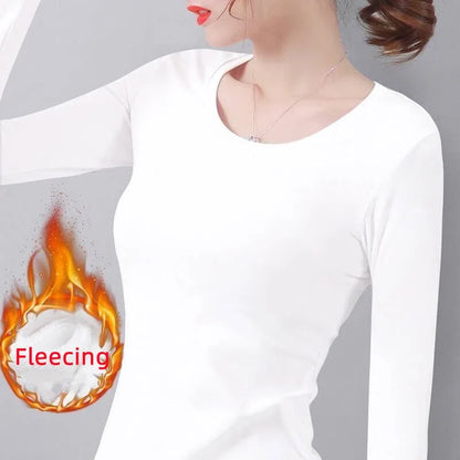 Women’s Thermal Velvet Long Sleeve Shirt - O Neck Slim Fit Cropped Bottoming Top for Winter Warmth