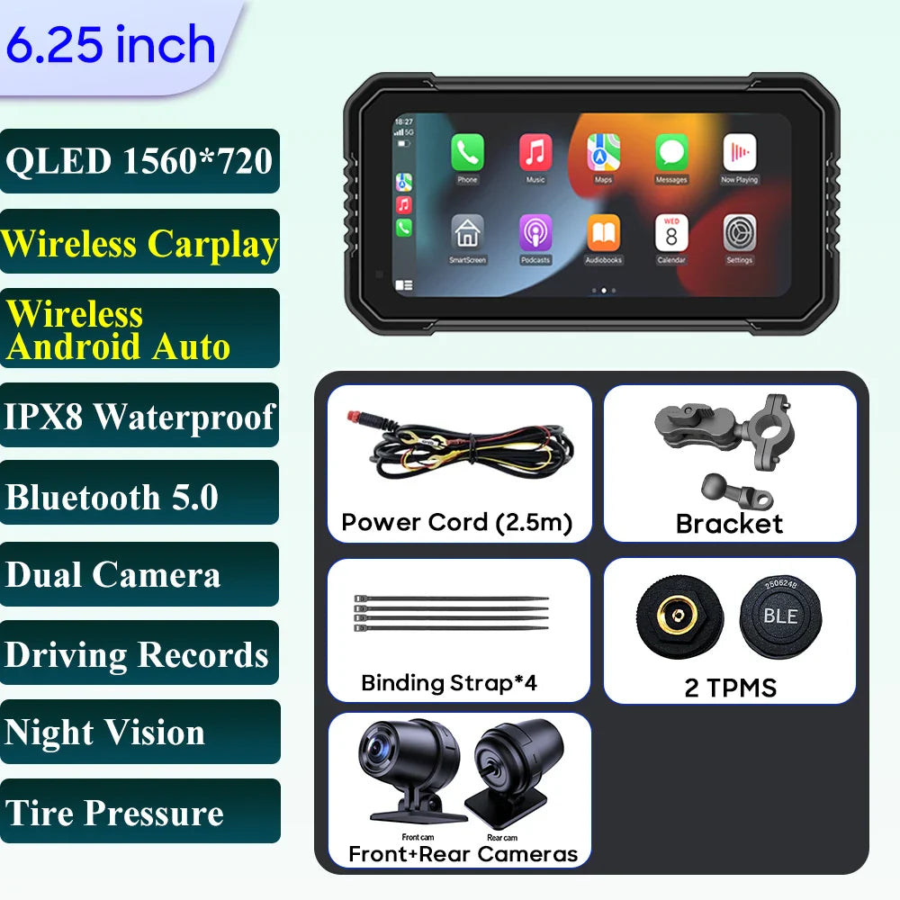 6.25-Inch Motorcycle GPS Navigation Screen with Wireless CarPlay & Android Auto – 1560x720 Resolution, Motor DVR Monitor, TPMS Optional