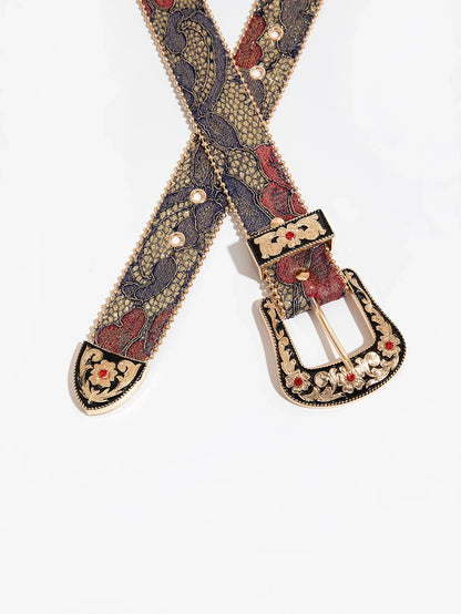 Women’s Gemstone Buckle Belt - Vintage Palace Style Floral Embroidery PU Fashion Accessory