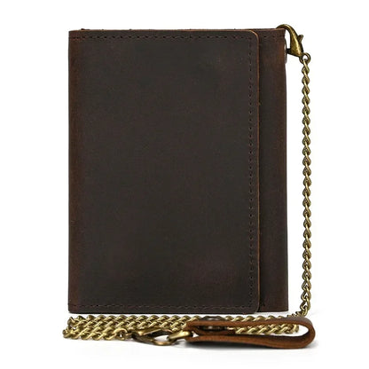 Men’s Genuine Leather Short Wallet with Chain – Trifold Zipper Clutch, Card Holder & Coin Purse