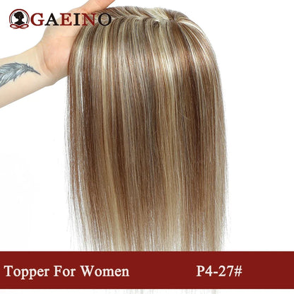 Straight Human Hair Topper With Bangs - Silk Base Clip In Real Hair Extension For Women Chocolate Brown Light Brown