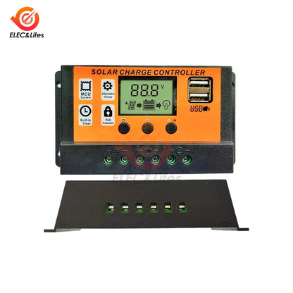 100A Solar Charge Controller - 12V/24V Adjustable LCD Display Solar Panel Battery Regulator with USB Port