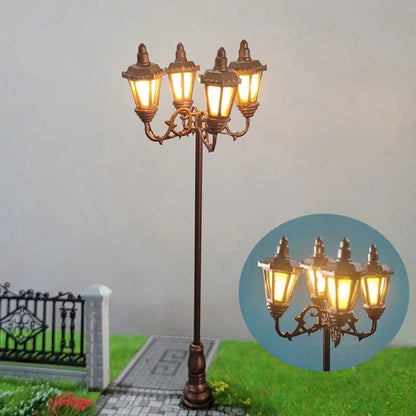 HO Scale Model Lamps – 4-Head 3V Cold White Street & Park Lampposts for Train Layouts & Miniature Gardens