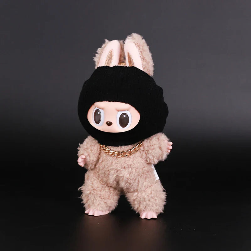 Labubu Doll Accessories – Trendy Black Knit Hat & Necklace Set, Cute and Funny Street Fashion Style