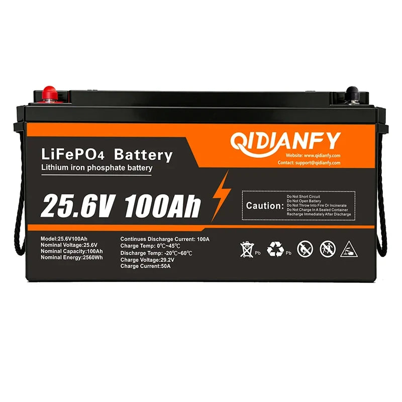 Qidianfy 25.6V 100Ah/200Ah LiFePO4 Battery - 100A Built-In BMS Deep Cycle Power for RV, Solar, Marine & Off-Grid Backup
