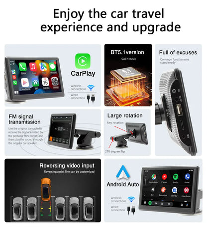 BQCC 7" HD IPS Car MP5 Player — Portable Stereo with Wireless CarPlay, Android Auto, BT, FM, USB & WiFi