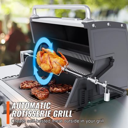 SucceBuy Universal Grill Rotisserie Kit – 9W Motor Stainless Steel Electric BBQ Automatic Grilling Set