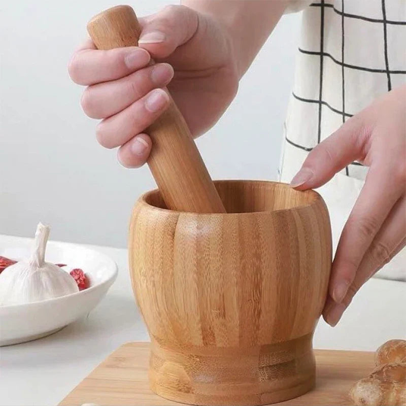 Traditional Bamboo Mortar & Pestle Set – Garlic, Herb & Spice Grinder for Kitchen Crushing and Mashing