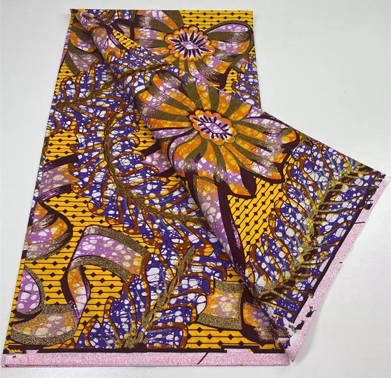 African Golden Glitter Wax Fabric - 6 Yards Ankara Batik Pagne Material for Sewing & Fashion Designs