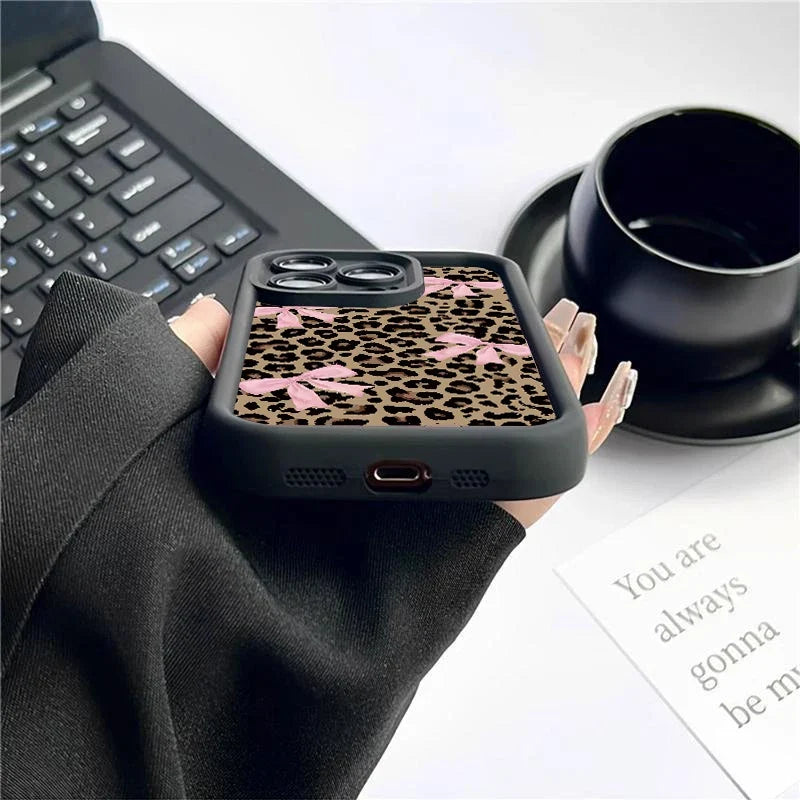Leopard Print Bow iPhone Case - Waterproof Shockproof Anti-Scratch Cover for iPhone 11-17 Pro Max, Plus & Air Series