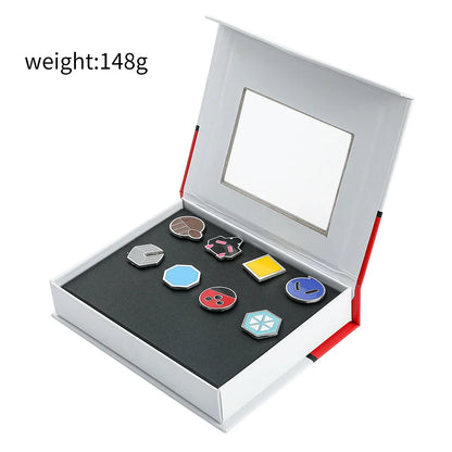 Pokemon Gym Badges Pin Set — Kanto, Johto, Hoenn, Sinnoh, Unova, Kalos & Orange Islands League Brooches with Box, Pocket Monster Collection