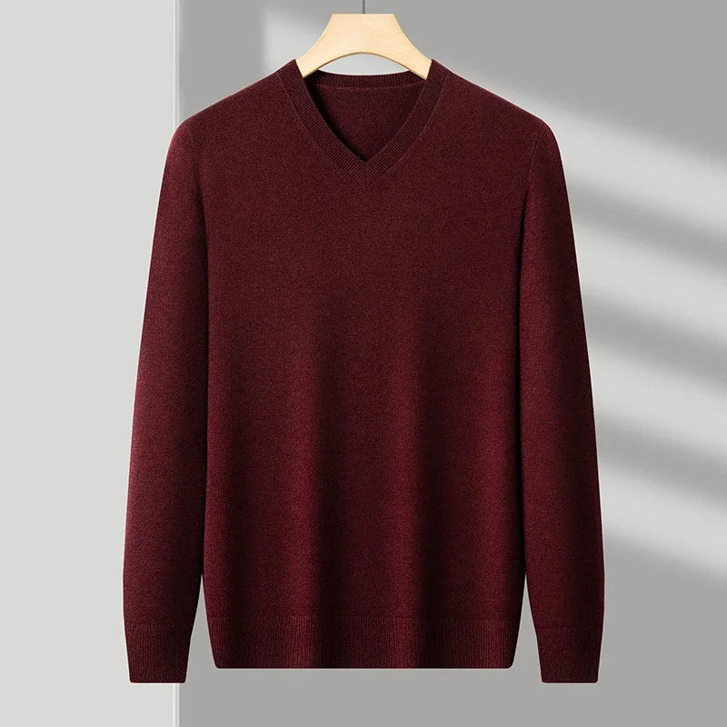 Men's V-Neck Knit Sweater - Solid Color Warm Elastic Oversized Autumn Pullover Casual Top