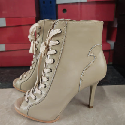 Women’s Genuine Leather Dance Boots - European Style Open Toe Thin High Heel Jazz Dance Shoes