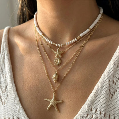 Bohemian Shell Layered Necklace - Vintage Starfish & Turtle Blue Beaded Beach Jewelry for Women